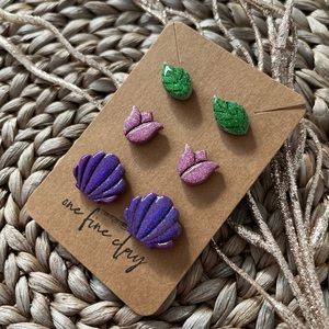 3-Piece Set | Glitter Leaf, Flower, and Seashell Earring Studs